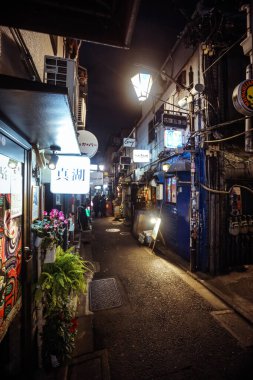 Gece Tokyo Şehir Merkezi 'nde bir sürü küçük barı olan Shinjuku Golden Gai bölgesi.