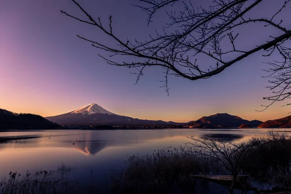 Açık Pembeli Fuji Dağı 'na Gün Doğumu Manzarası ve Violet Sky, Japonya