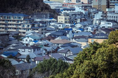 Japonya 'nın Himeji şehrinin panoramik çatıları