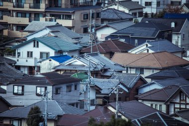 Japonya 'nın Himeji şehrinin panoramik çatıları