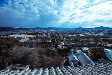 Himeji, Japonya - 08 Ocak 2020: İş Binaları ve Evleri ile Himeji şehrine Panoramik Manzara