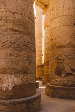 Luxor, Mısır - 11 Kasım 2020: Amun-Re Bölgesi 'ndeki Büyük Hypostyle Salonu' ndaki Karnak Tapınağı Kompleksinin Antik Büyük Sütunları