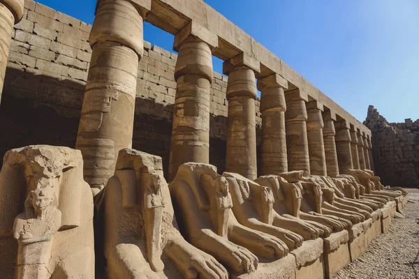 Αρχαία Αγάλματα Ram Headed Sphinx Στο Karnak Temple Complex Κοντά — Φωτογραφία Αρχείου