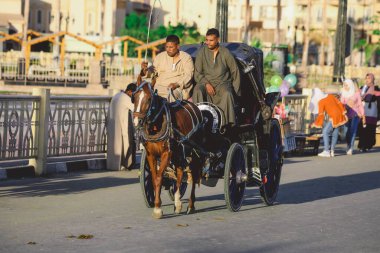Luxor, Mısır - 12 Kasım 2020: Luxor Şehir Merkezi 'nde Mısırlı At Arabası turistlerle birlikte ana turistik geziye çıktı