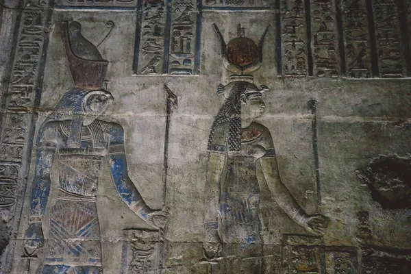 View Ancient Egyptian Drawing Walls Dendera Temple Complex South East — Fotografia de Stock