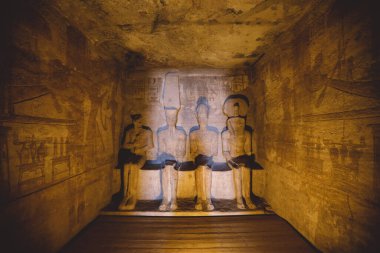 Interior View to the Great Temple at Abu Simbel with Ancient Egyptian Pillars and Drawing on the Walls, Egypt