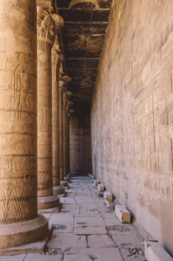 Edfu Tapınağı 'nın iç manzarası. Duvarda oyulmuş sütunlar ve Eski Mısır çizimleri var. 