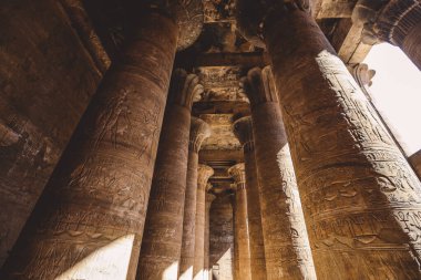 Edfu Tapınağı 'nın iç manzarası. Duvarda oyulmuş sütunlar ve Eski Mısır çizimleri var. 