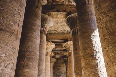 Edfu Tapınağı 'nın iç manzarası. Duvarda oyulmuş sütunlar ve Eski Mısır çizimleri var. 