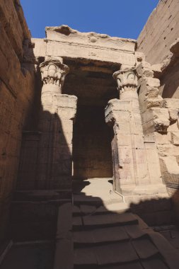 Edfu Tapınağı 'nın iç manzarası. Duvarda oyulmuş sütunlar ve Eski Mısır çizimleri var. 