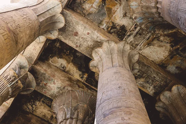 Interior View Temple Edfu Carved Pillars Ancient Egyptian Drawing Wall — Foto de Stock