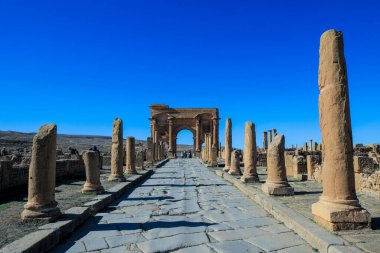 View to the Ruins of an Ancient Roman city Timgad also known as Marciana Traiana Thamugadi in the Aures Mountains, Algeria