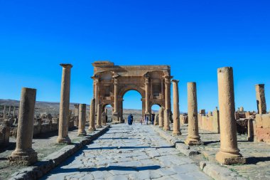 View to the Ruins of an Ancient Roman city Timgad also known as Marciana Traiana Thamugadi in the Aures Mountains, Algeria