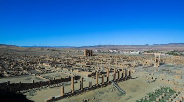 View to the Ruins of an Ancient Roman city Timgad also known as Marciana Traiana Thamugadi in the Aures Mountains, Algeria