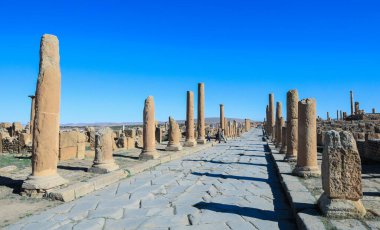 View to the Ruins of an Ancient Roman city Timgad also known as Marciana Traiana Thamugadi in the Aures Mountains, Algeria