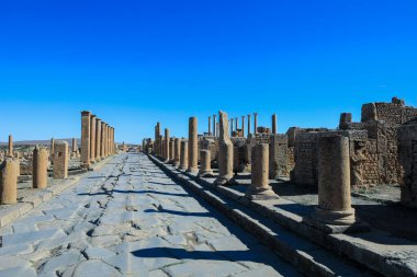 View to the Ruins of an Ancient Roman city Timgad also known as Marciana Traiana Thamugadi in the Aures Mountains, Algeria