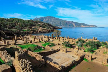 Cezayir 'in Tipaza kenti yakınlarındaki Akdeniz kıyılarına güzel manzaralı antik Roma Tipasa kalıntıları