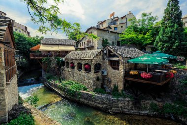 Panoramic View to the Spring and Green cityscape of Mostar, Bosnia and Herzegovina