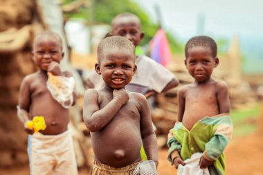 Larabanga, Ghana - August 25, 2016: African Children playing on the Larabanga Village Street