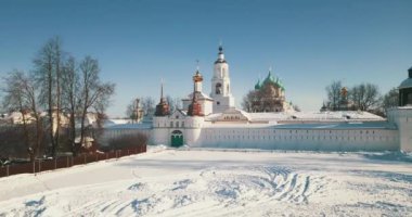 Aerial view of the White Monastery in the winter Russian city of Pereslavl
