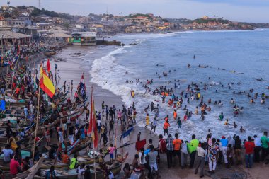 Cape Coast, Ghana - April 13, 2022: Nautical View to the Fishing Fleet from Cape Coast Castle