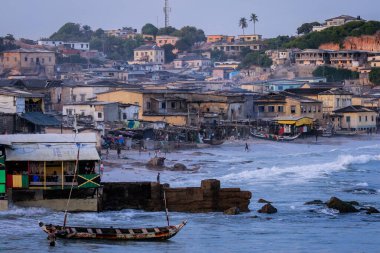 Cape Coast, Ghana - April 13, 2022: Nautical View to the Fishing Fleet from Cape Coast Castle