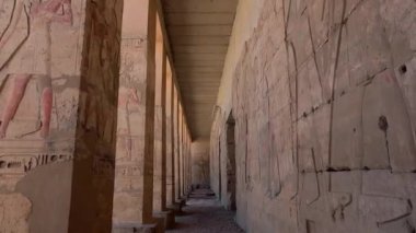 Columns With Drawings In The Ancient Temple Of Abydos, Egypt