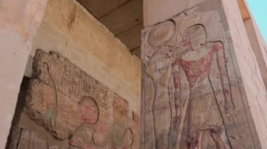 Columns With Drawings In The Ancient Temple Of Abydos, Egypt
