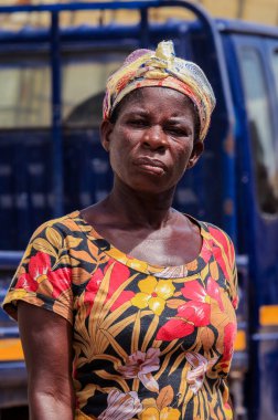 Elmina, Ghana - April 15, 2022: Local African People near the Elmina Market in Ghana