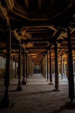 Ancient Wooden Juma Mosque with Curved Pillars of Itchan Kala, in the walled Old City of Khiva, Uzbekistan