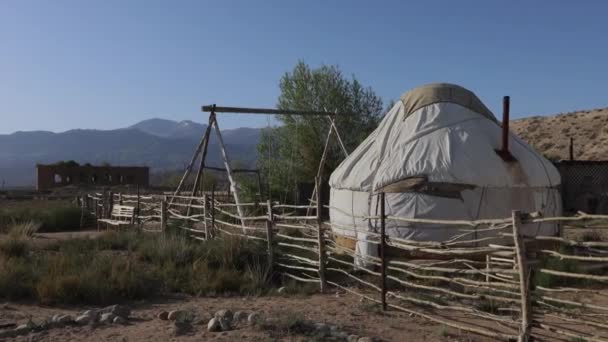 Kırgızistan Issyk Kul Kıyısındaki Geleneksel Kırgız Yurt Kampı — Stok video