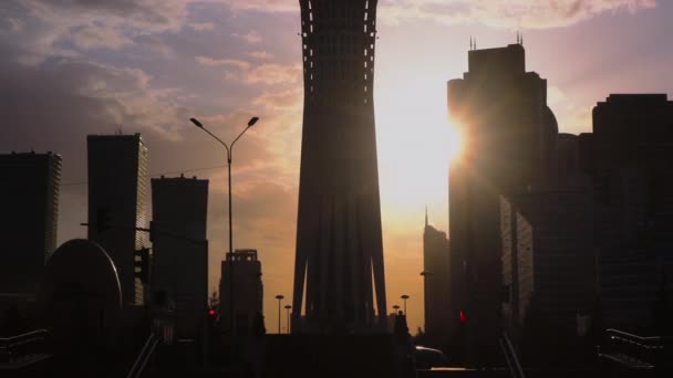 哈萨克斯坦努尔苏丹中心的日落全景 — 图库视频影像