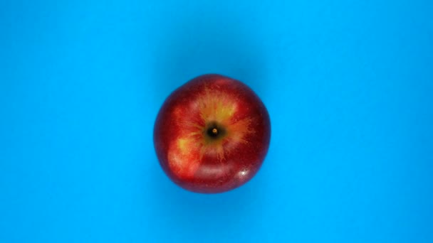 Close-up rotation of fresh red apple rotating in blue background — Stock Video