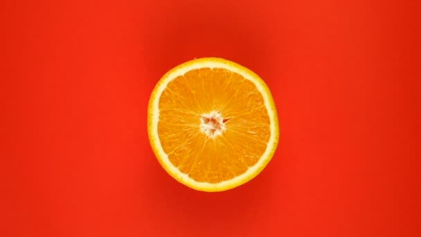 Πορτοκαλί φρούτα που απομονώνονται σε κόκκινο φόντο, περιστροφή. — Αρχείο Βίντεο