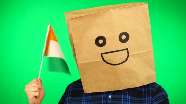 Ritratto di uomo con sacchetto di carta sulla testa sventola bandiera irlandese con volto sorridente sullo sfondo verde. — Video Stock