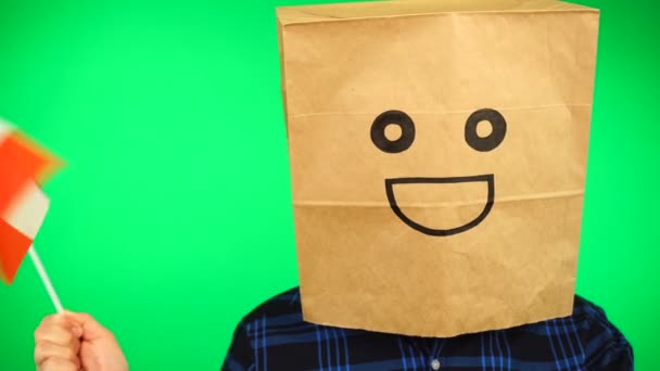 Portrait of man with paper bag on head waving Mexican flag with smile face against green background. — Stok Video