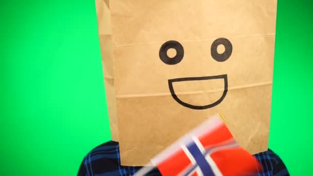 Ritratto di uomo con sacchetto di carta sulla testa sventola bandiera norvegese con volto sorridente sullo sfondo verde. — Video Stock