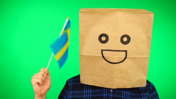 Porträtt av man med papperspåse på huvudet viftande svensk flagga med leende ansikte mot grön bakgrund. — Stockvideo