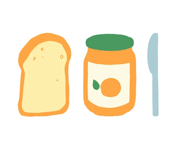 Toast Slice Jam Jar Knife Vector Illustration Mini Breakfast Set — Stockvektor