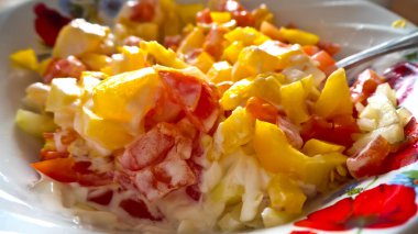 Sebze salatası ve ekşi krema sosuyla mayonezi yakın plan bir tabakta. 