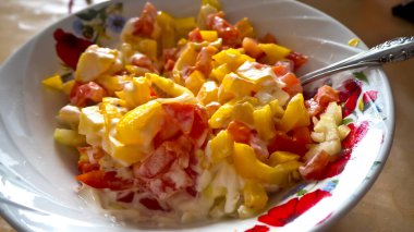 Sebze salatası ve ekşi krema sosuyla mayonezi yakın plan bir tabakta. 