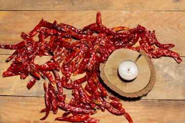 Kurutulmuş kırmızı biber, ahşap zemin üzerinde metal plaka.