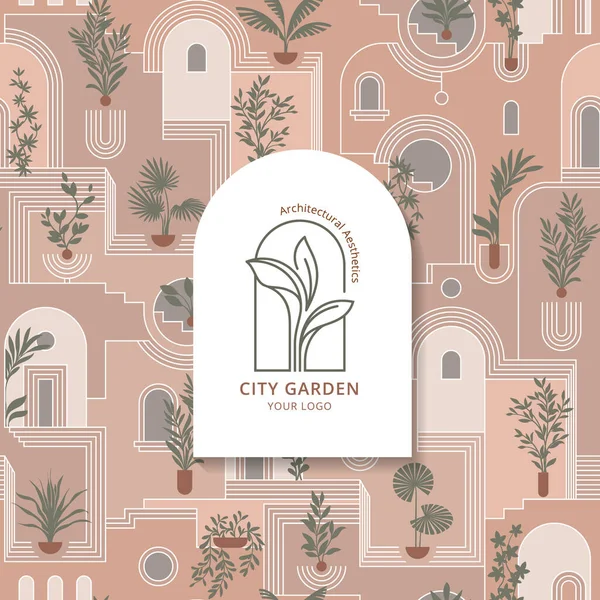 Arkitektoniskt sömlöst mönster med växter och logotyp city trädgård för hotell, tapeter eller galleri. — Stock vektor