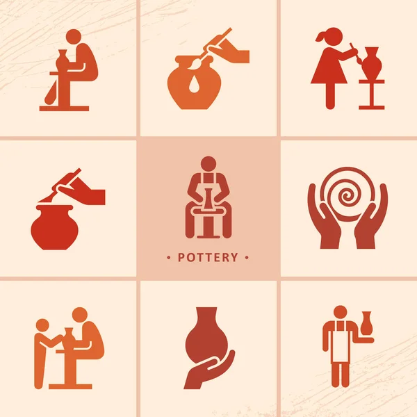 Roue de poterie, potier, cheval d'argile, et d'autres produits céramiques dans l'icône ensemble dans le style plat . — Image vectorielle