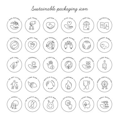 Vector set of linear circle design elements, logo templates, icons, and badges for eco packaging with - eco-friendly, recycling, animal care, woman-owned, ethnically sourced, no plastic bottle, and