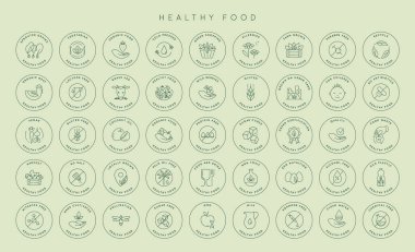 Vector natural product icon label set. Farm fresh, buy local. Line premium quality logo badges with green leaves. Eco bio food emblems for farmers markets, healthy goods.