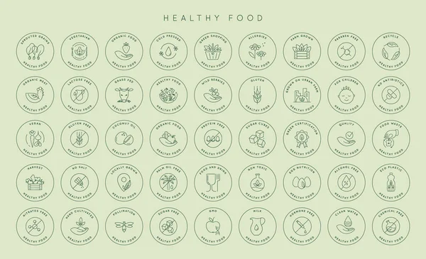 Vector natural product icon label set. Farm fresh, buy local. Line premium quality logo badges with green leaves. Eco bio food emblems for farmers markets, healthy goods.