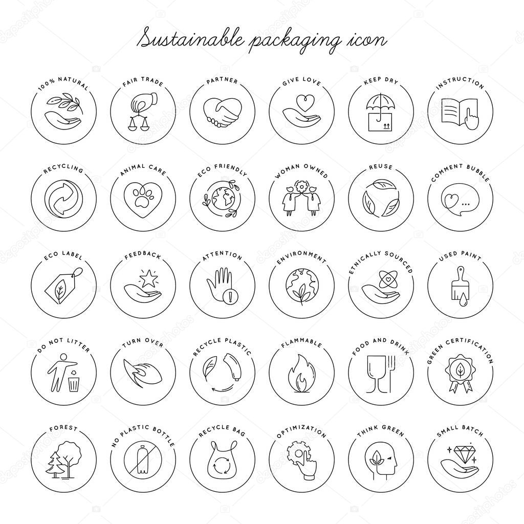 Vector set of linear circle design elements, logo templates, icons, and badges for eco packaging with - eco-friendly, recycling, animal care, woman-owned, ethnically sourced, no plastic bottle, and