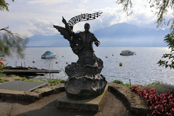 Montreux Schweiz September 2021 Genfer See Statue Des Russischen Komponisten Stockbild