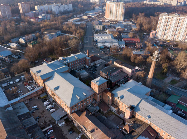 BALASHIKHA, RUSSIA - NOVEMBER 1, 2021. Aerial view of the old cotton factory. City of Balashikha, Moscow region, Russia.
